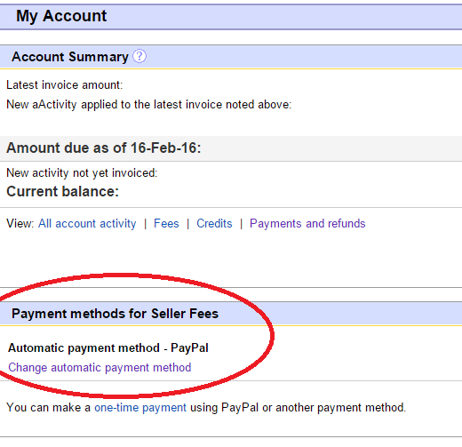 payment method for eBay's Seller Fees